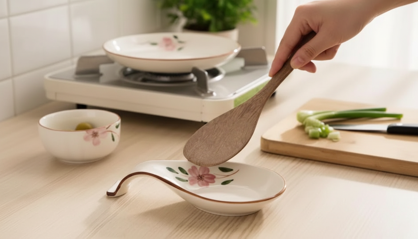Ceramic Spoon & Spatula Rest with Raised Shelf (Japanese)