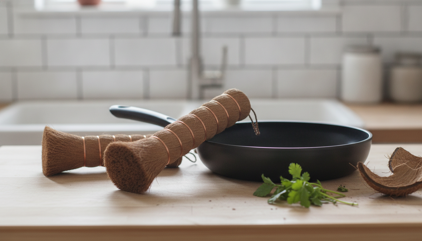 Coconut Palm Pot Brush: Long Handle for Non-Stick